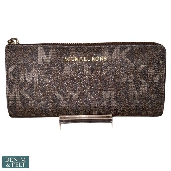 Michael Kors Jet Set Travel Large Logo Zip Long Wallet in Brown Vanilla MK Print - Picture 1 of 9